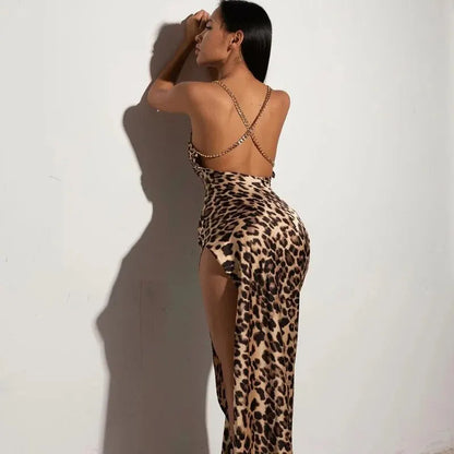 Women's Leopard Print Bodycon Long Dress for Party or Evening Wear