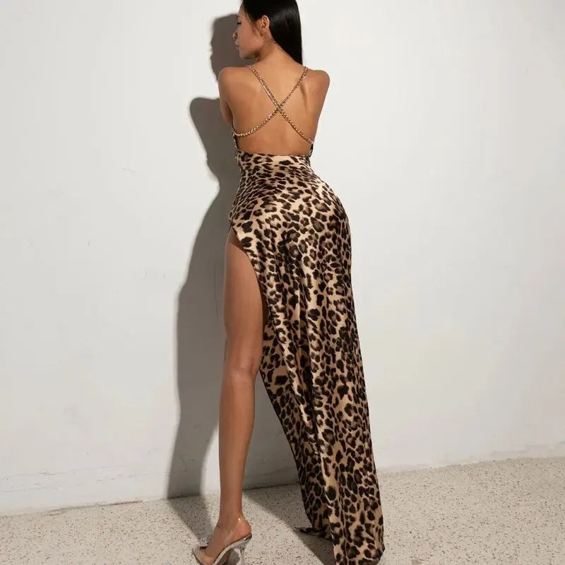 Women's Leopard Print Bodycon Long Dress for Party or Evening Wear